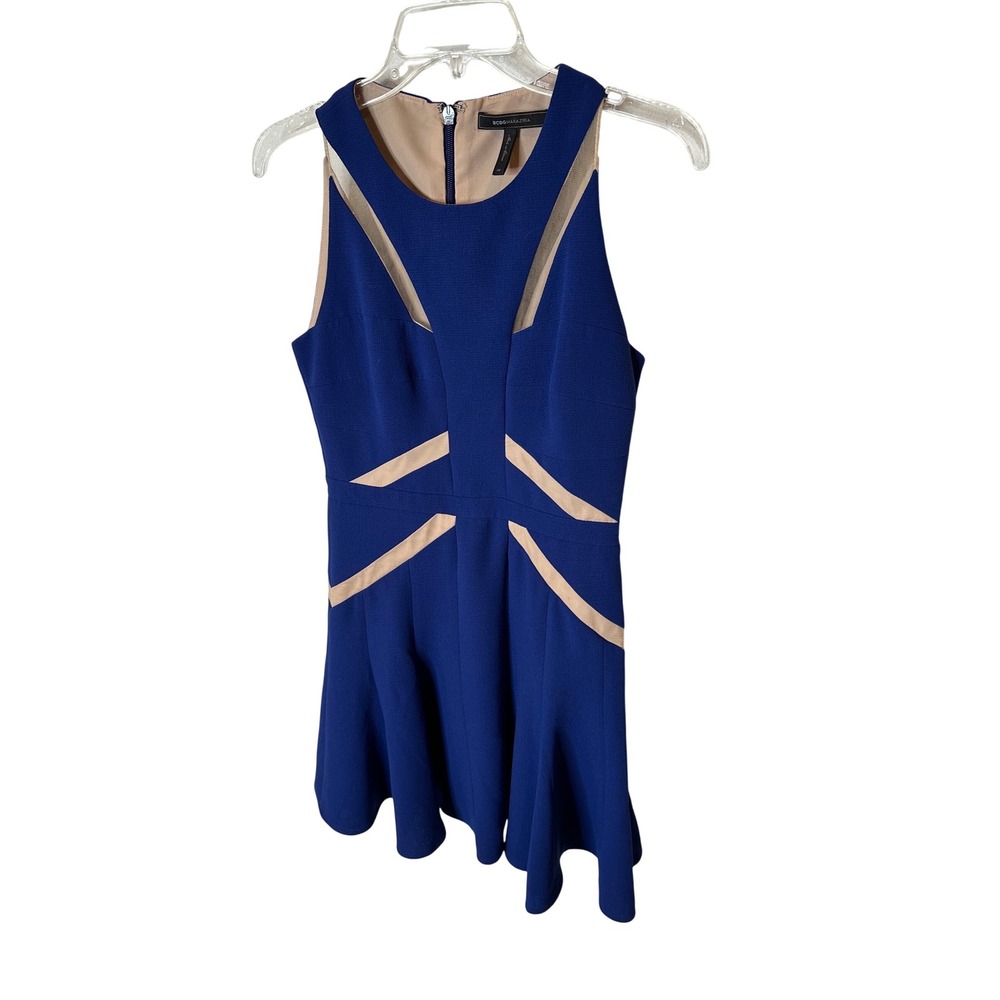 BCBGMAXAZRIA Blue Tan Mesh Cutout Fit Flare Cocktail Dress‎ Size 6